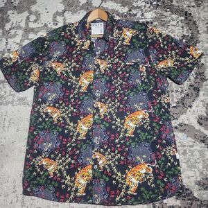 VSTR Premium Tiger Bamboo Print Shirt Mens Large Black Short Sleeve Button Down